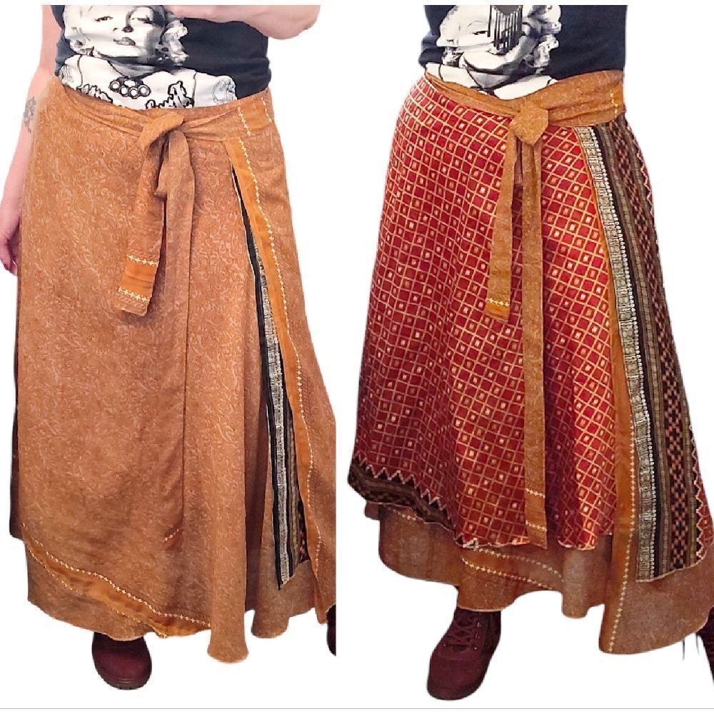 VTG Sari Red Printed Gypsy Reversible Wrap Around Silk‎ Midi Skirt One Size